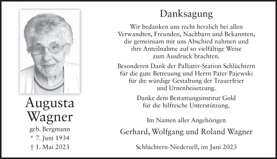Traueranzeige von Augusta Wagner von FZ