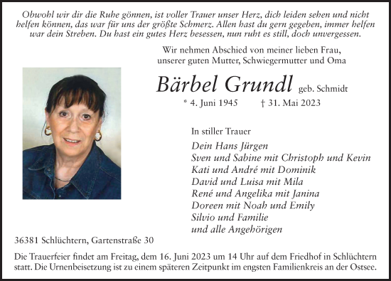 Traueranzeige von Bärbel Grundl von FZ