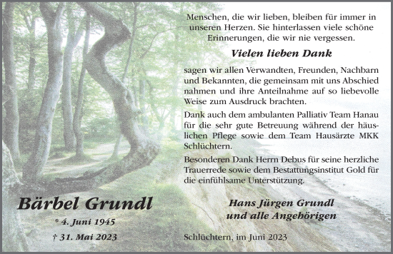 Traueranzeige von Bärbel Grundl von FZ