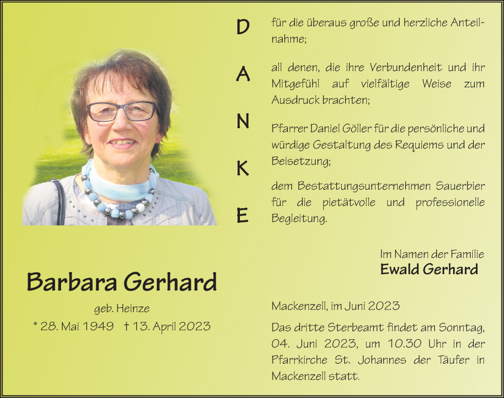  Traueranzeige für Barbara Gerhard vom 01.06.2023 aus FZ