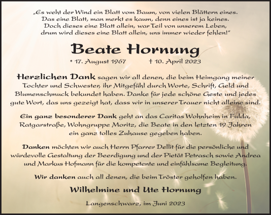 Traueranzeige von Beate Hornung von FZ