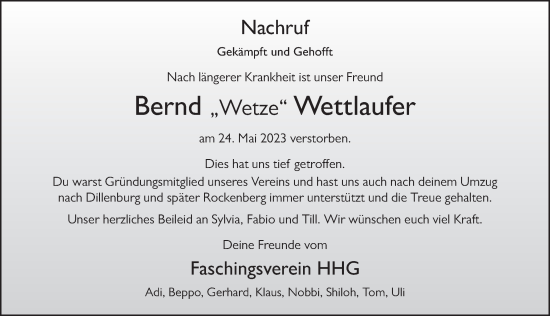 Traueranzeige von Bernd Wettlaufer von FZ