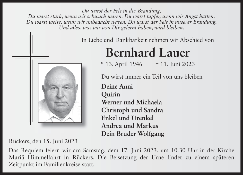  Traueranzeige für Bernhard Lauer vom 15.06.2023 aus FZ