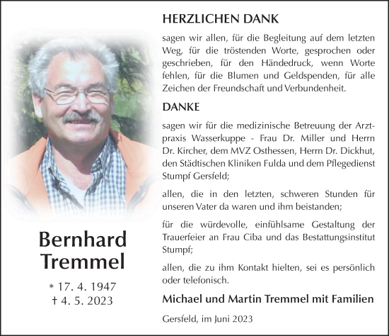 Traueranzeige von Bernhard Tremmel von FZ