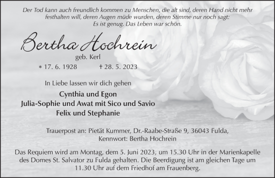 Traueranzeige von Bertha Hochrein von FZ