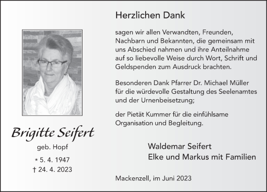 Traueranzeige von Brigitte Seifert von FZ