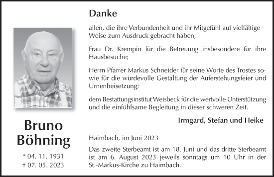 Traueranzeige von Bruno Böhning von FZ