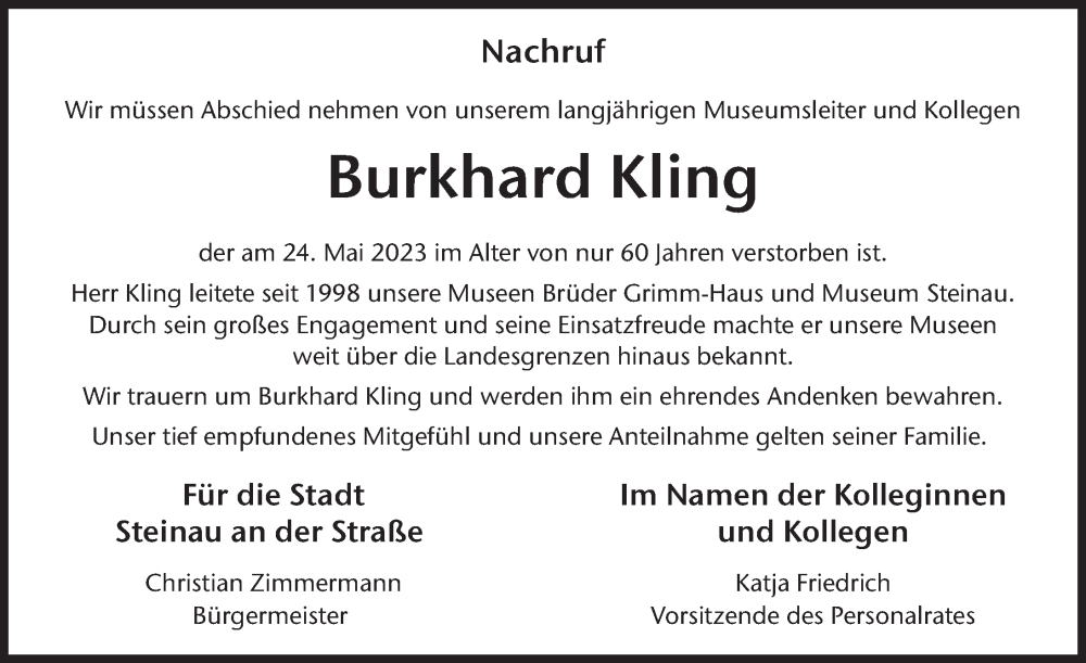 Traueranzeige für Burkhard Kling vom 10.06.2023 aus FZ