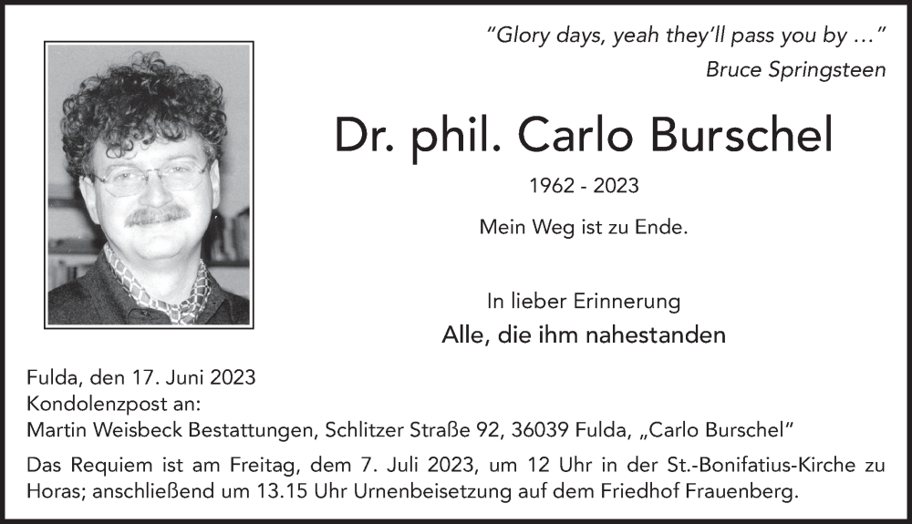  Traueranzeige für Carlo Burschel vom 17.06.2023 aus FZ