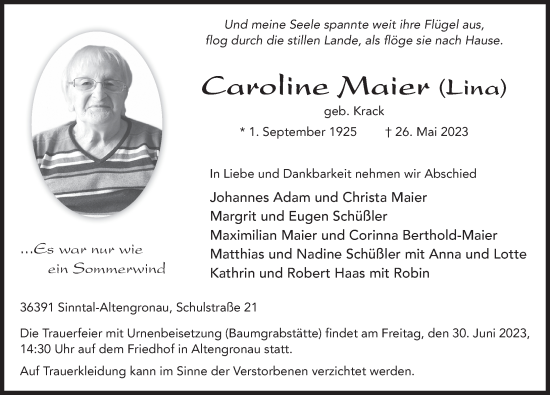 Traueranzeige von Caroline Maier von FZ