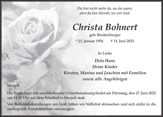 Traueranzeige von Christa Bohnert von FZ