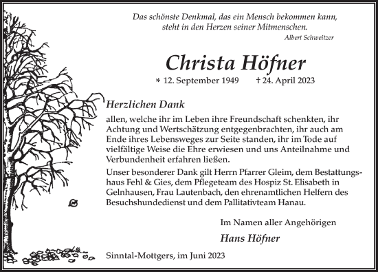 Traueranzeige von Christa Höfner von FZ