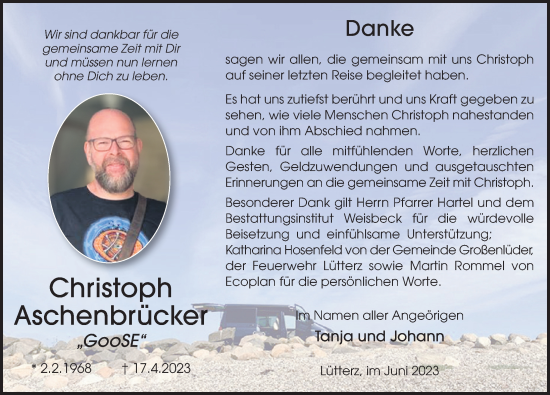 Traueranzeige von Christoph Aschenbrücker von FZ