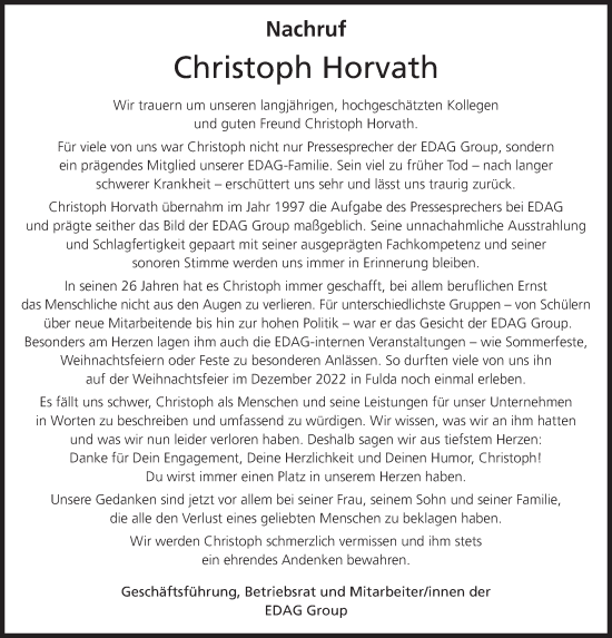 Traueranzeige von Christoph Horvath von FZ