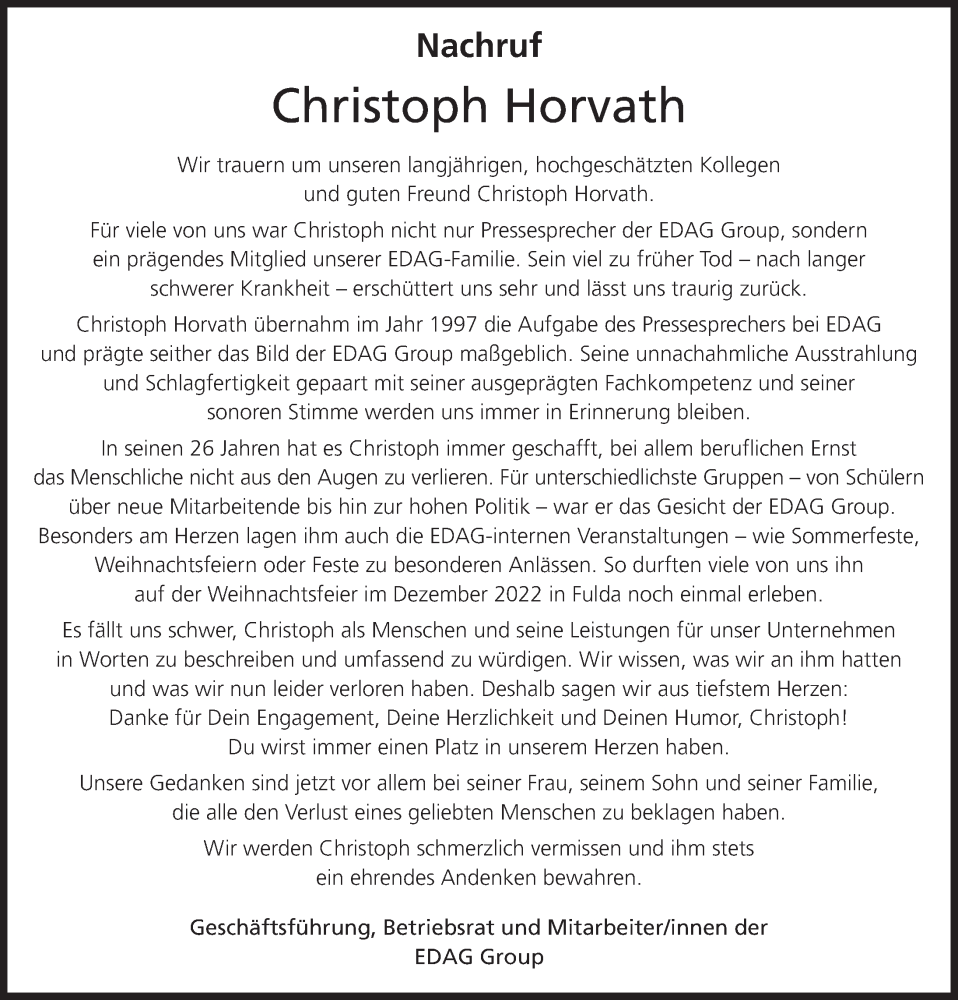  Traueranzeige für Christoph Horvath vom 23.06.2023 aus FZ