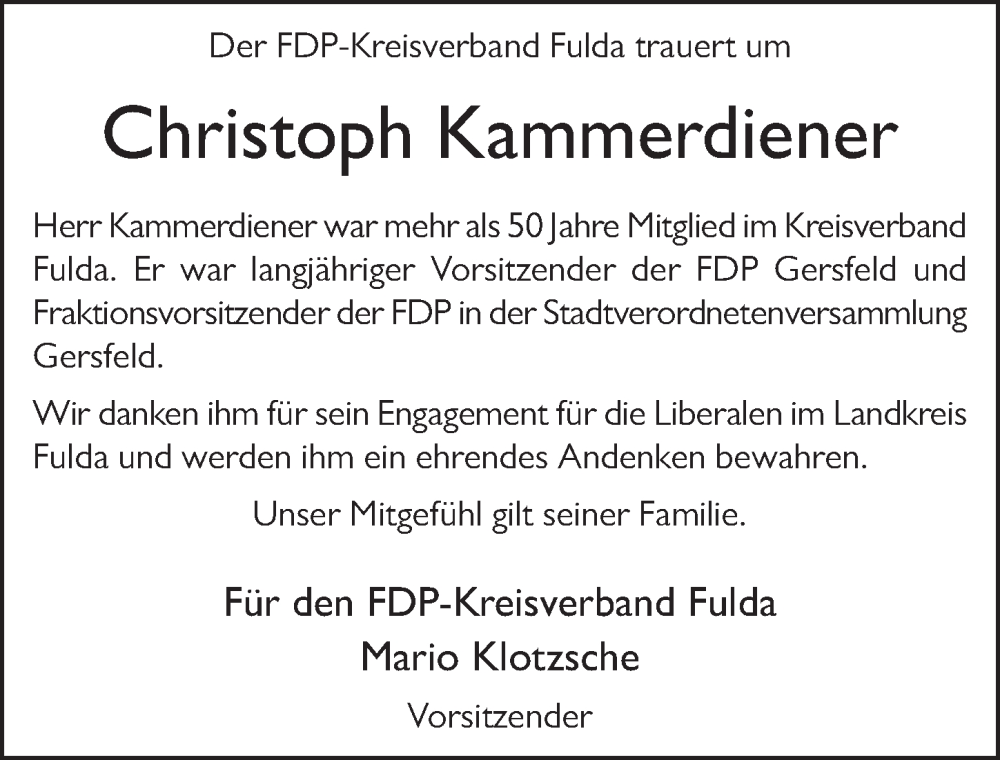  Traueranzeige für Christoph Kammerdiener vom 14.06.2023 aus FZ