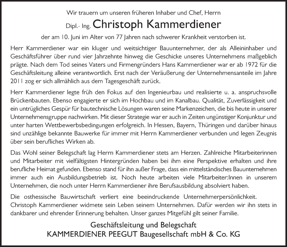  Traueranzeige für Christoph Kammerdiener vom 14.06.2023 aus FZ