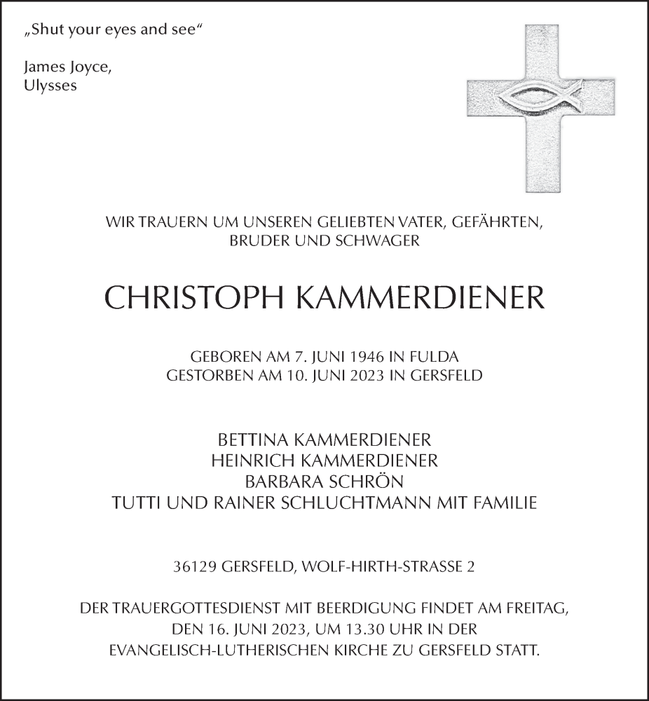  Traueranzeige für Christoph Kammerdiener vom 13.06.2023 aus FZ