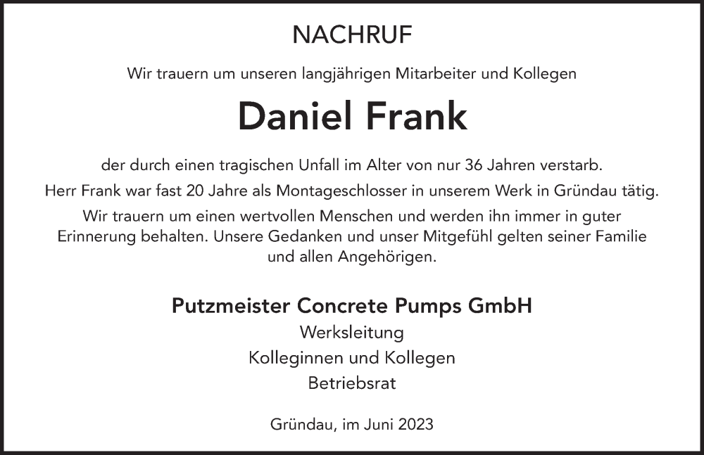  Traueranzeige für Daniel Frank vom 24.06.2023 aus FZ