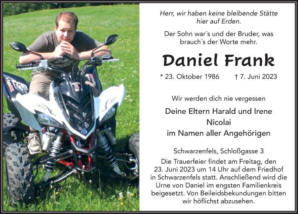  Traueranzeige für Daniel Frank vom 20.06.2023 aus FZ