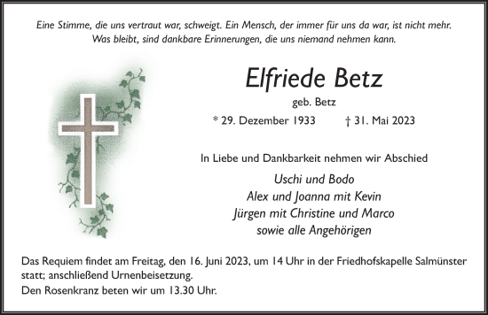 Traueranzeige von Elfriede Betz von FZ