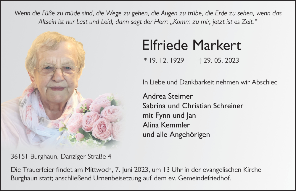  Traueranzeige für Elfriede Markert vom 02.06.2023 aus FZ