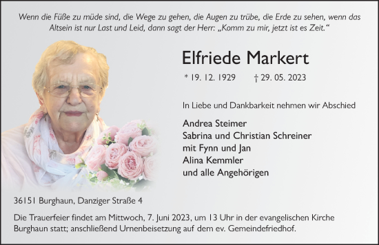 Traueranzeige von Elfriede Markert von FZ