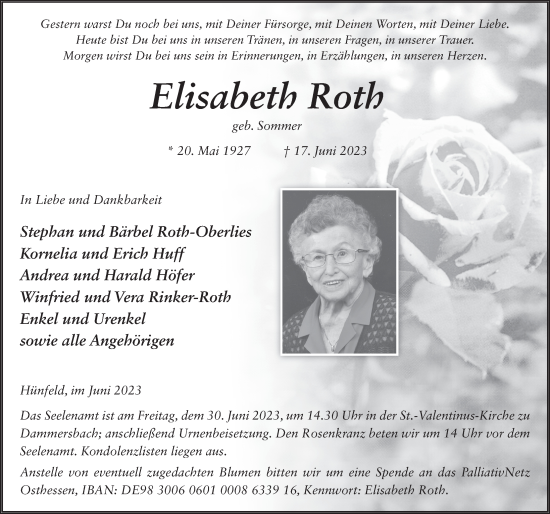 Traueranzeige von Elisabeth Roth von FZ