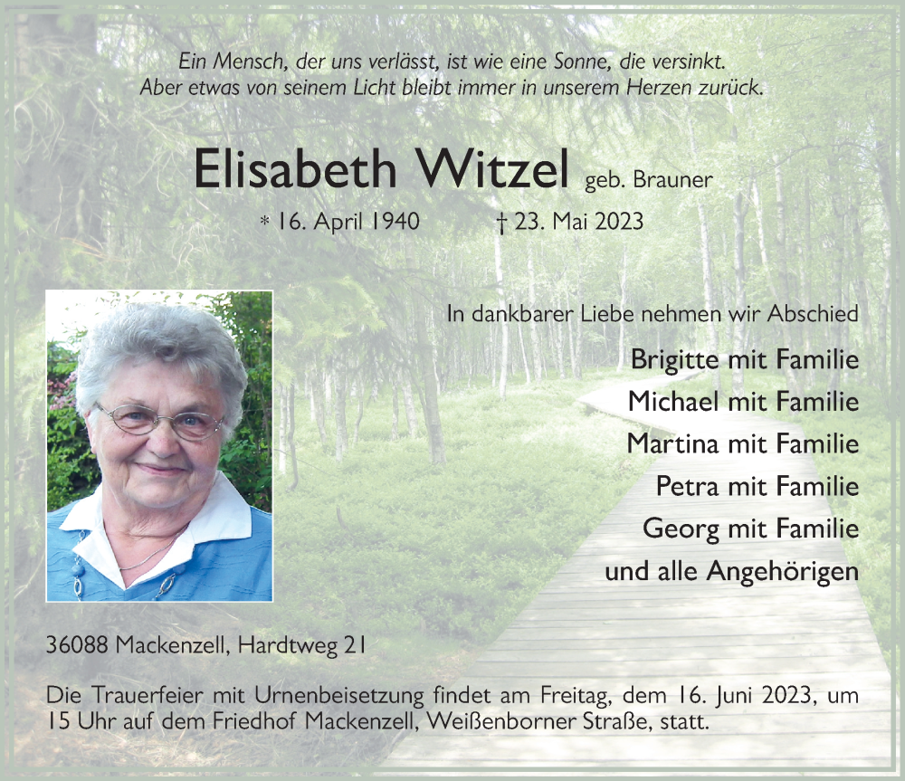  Traueranzeige für Elisabeth Witzel vom 13.06.2023 aus FZ