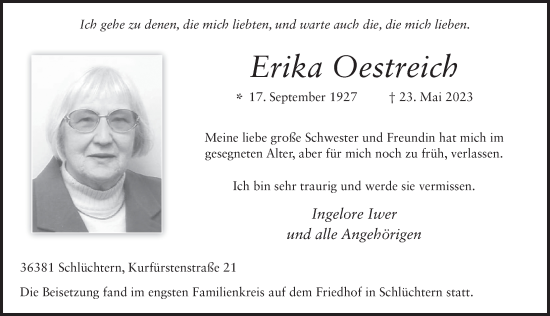 Traueranzeige von Erika Oestreich von FZ