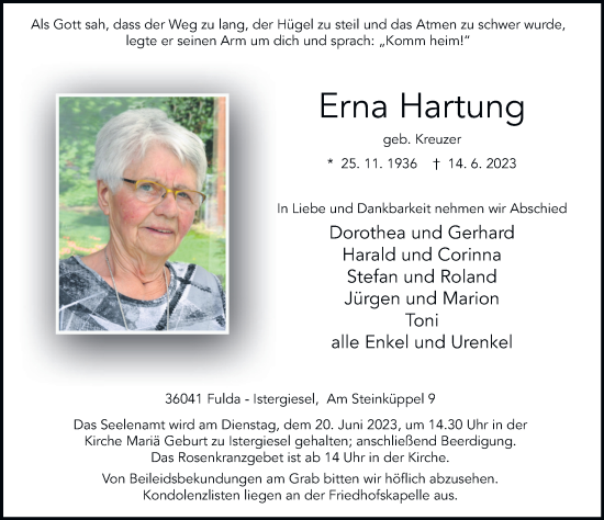 Traueranzeige von Erna Hartung von FZ