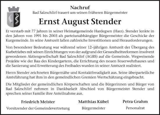 Traueranzeige von Ernst August Stender von FZ