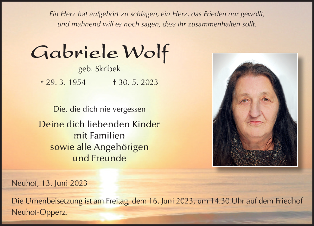  Traueranzeige für Gabriele Wolf vom 13.06.2023 aus FZ
