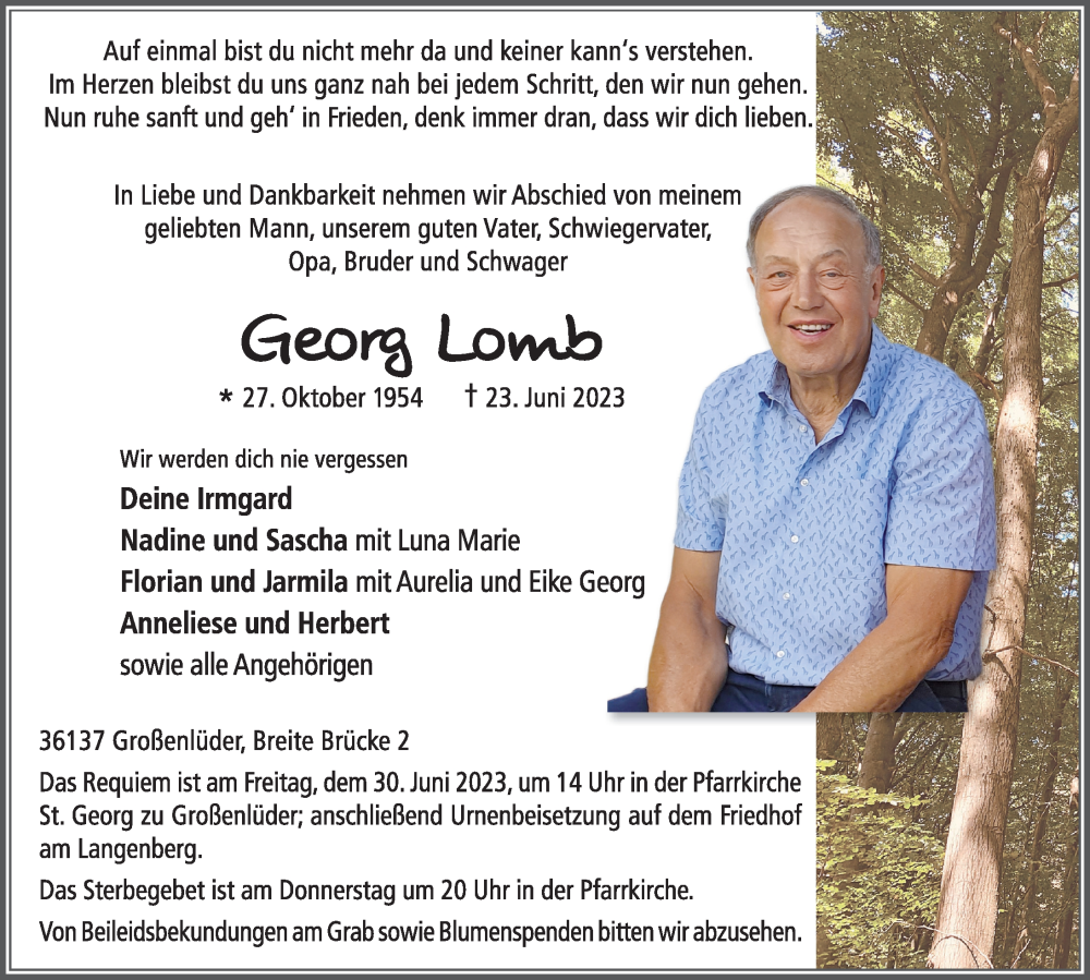  Traueranzeige für Georg Lomb vom 28.06.2023 aus FZ