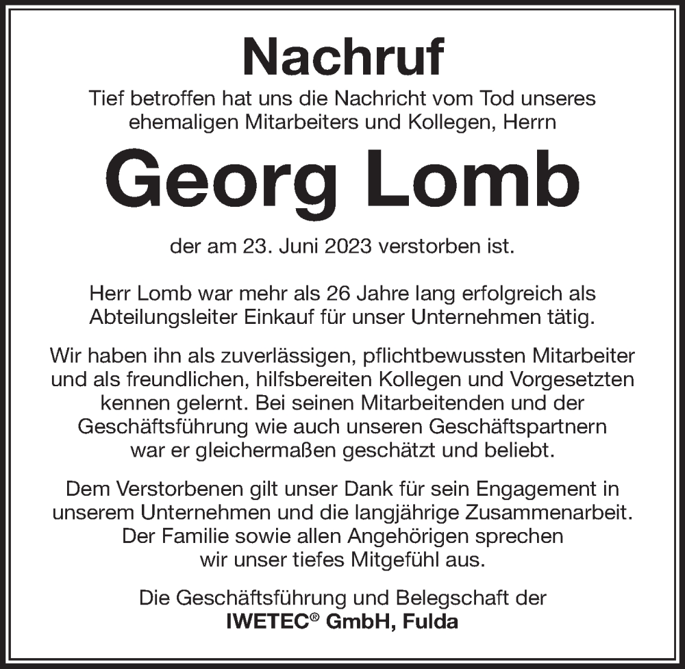  Traueranzeige für Georg Lomb vom 29.06.2023 aus FZ