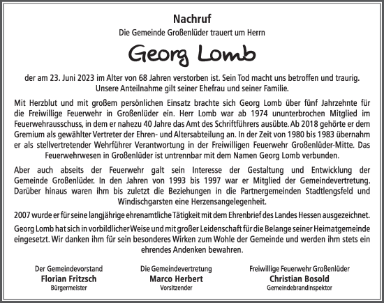 Traueranzeige von Georg Lomb von FZ