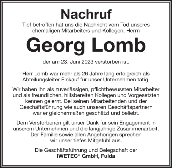 Traueranzeige von Georg Lomb von FZ