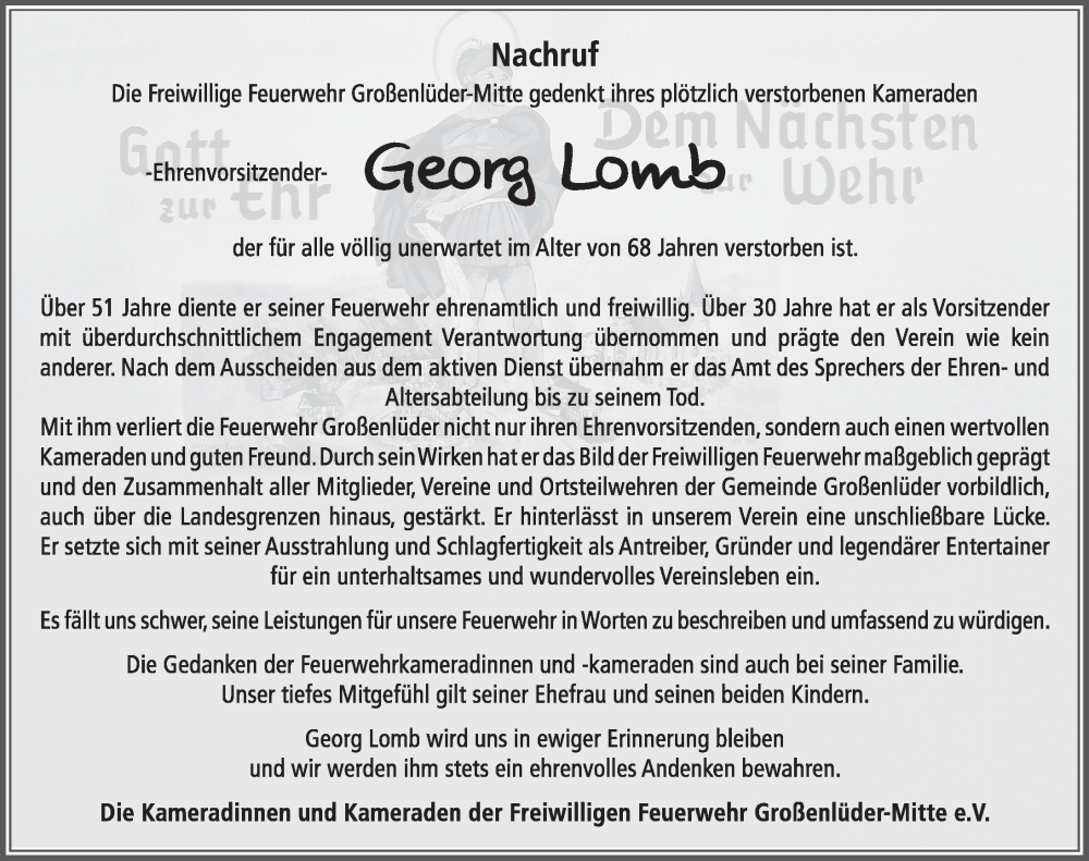 Traueranzeige für Georg Lomb vom 28.06.2023 aus FZ