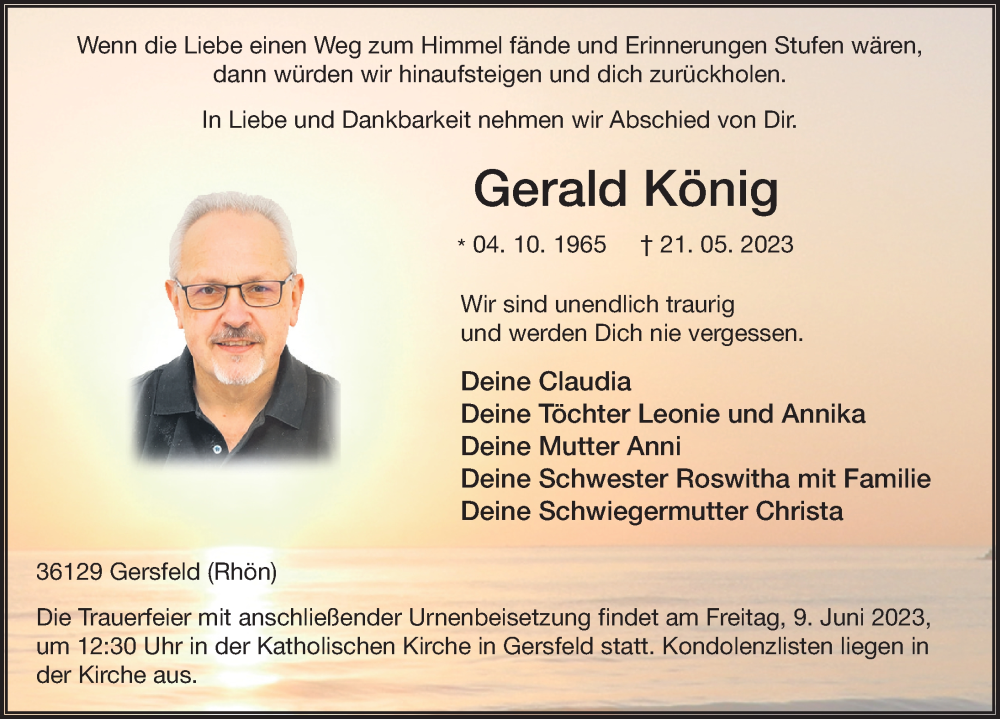  Traueranzeige für Gerald König vom 06.06.2023 aus FZ