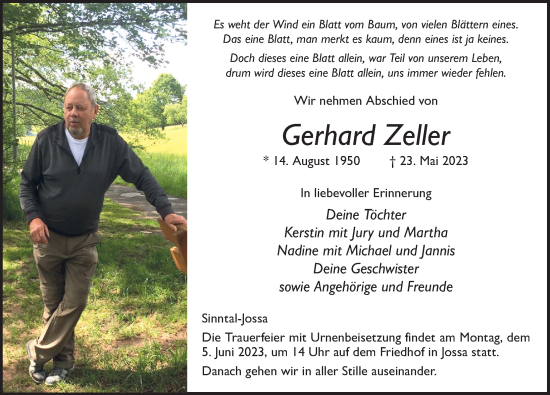 Traueranzeige von Gerhard Zeller von FZ