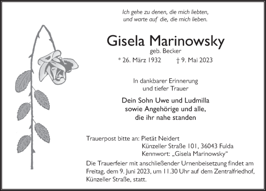 Traueranzeige von Gisela Marinowsky von FZ