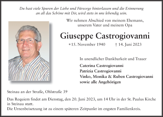 Traueranzeige von Giuseppe Castrogiovanni von FZ