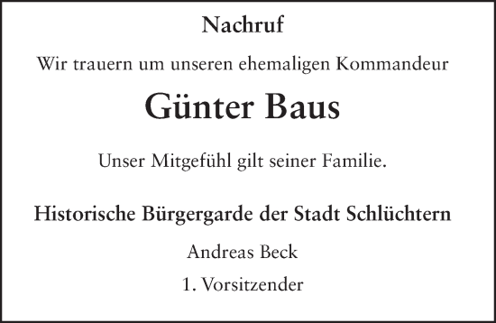 Traueranzeige von Günter Baus von FZ