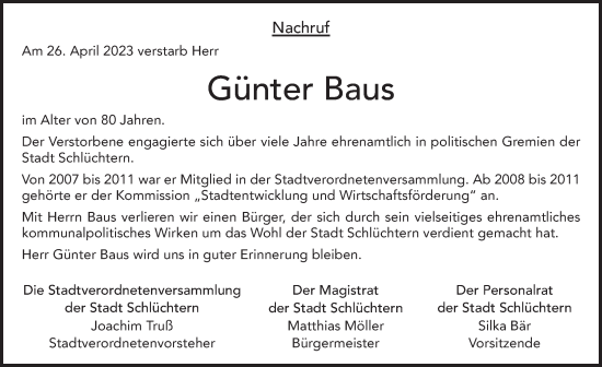 Traueranzeige von Günter Baus von FZ