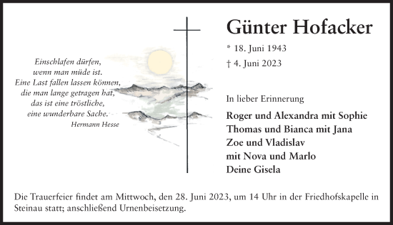 Traueranzeige von Günter Hofacker von FZ