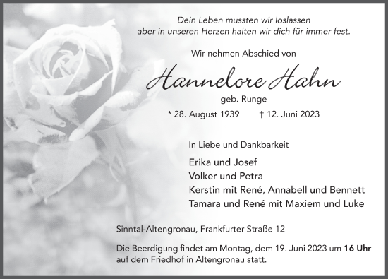 Traueranzeige von Hannelore Hahn von FZ