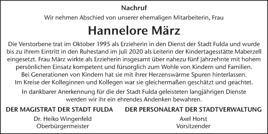 Traueranzeige von Hannelore März von FZ