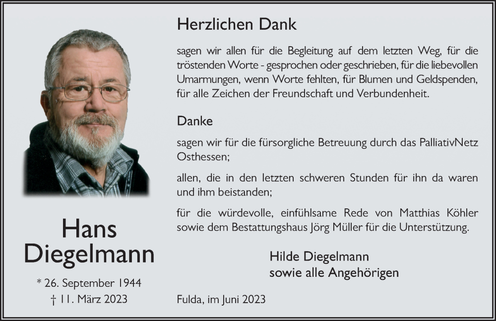  Traueranzeige für Hans Diegelmann vom 17.06.2023 aus FZ