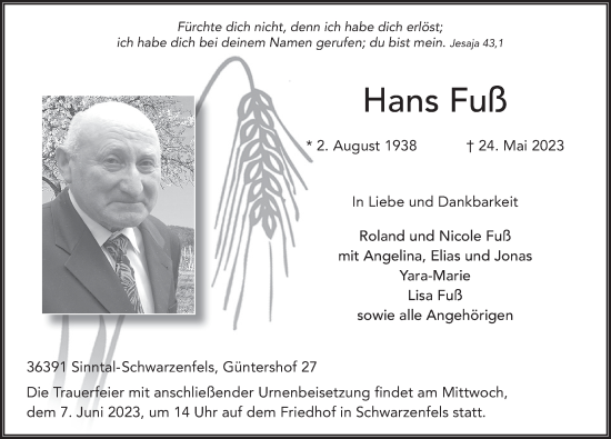 Traueranzeige von Hans Fuß von FZ