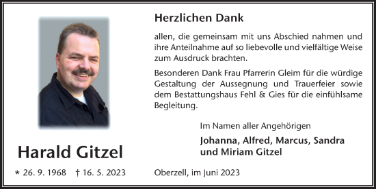 Traueranzeige von Harald Gitzel von FZ